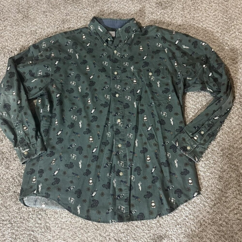Bugle Boy Company Shirt Mens Extra Large Green Button Down Golf Print Cotton